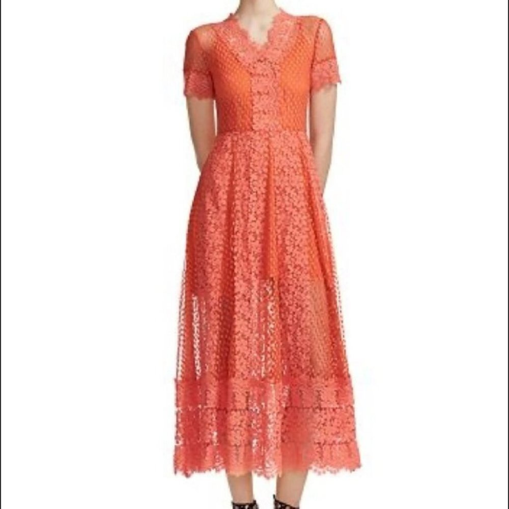 Maje Paris Revanti Red Lace v-neck short sleeve  maxi dress size 1 (small)